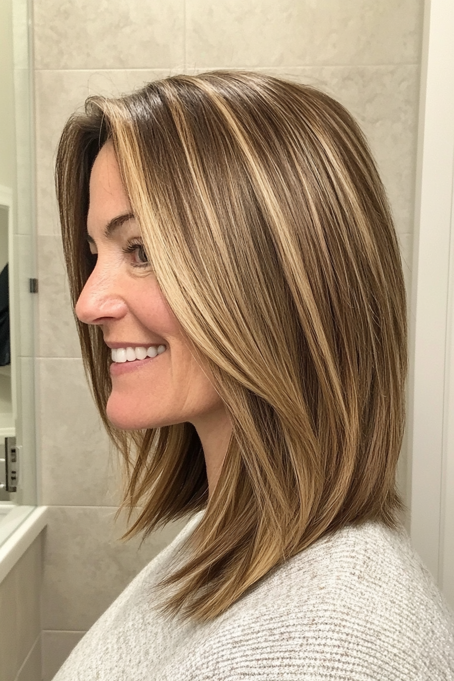6. Angled Lob with Warm Caramel Highlights (Hairstyles For Women Over 40 With Fine Hair) - Hairstyles For Women Over 40 With Fine Hair