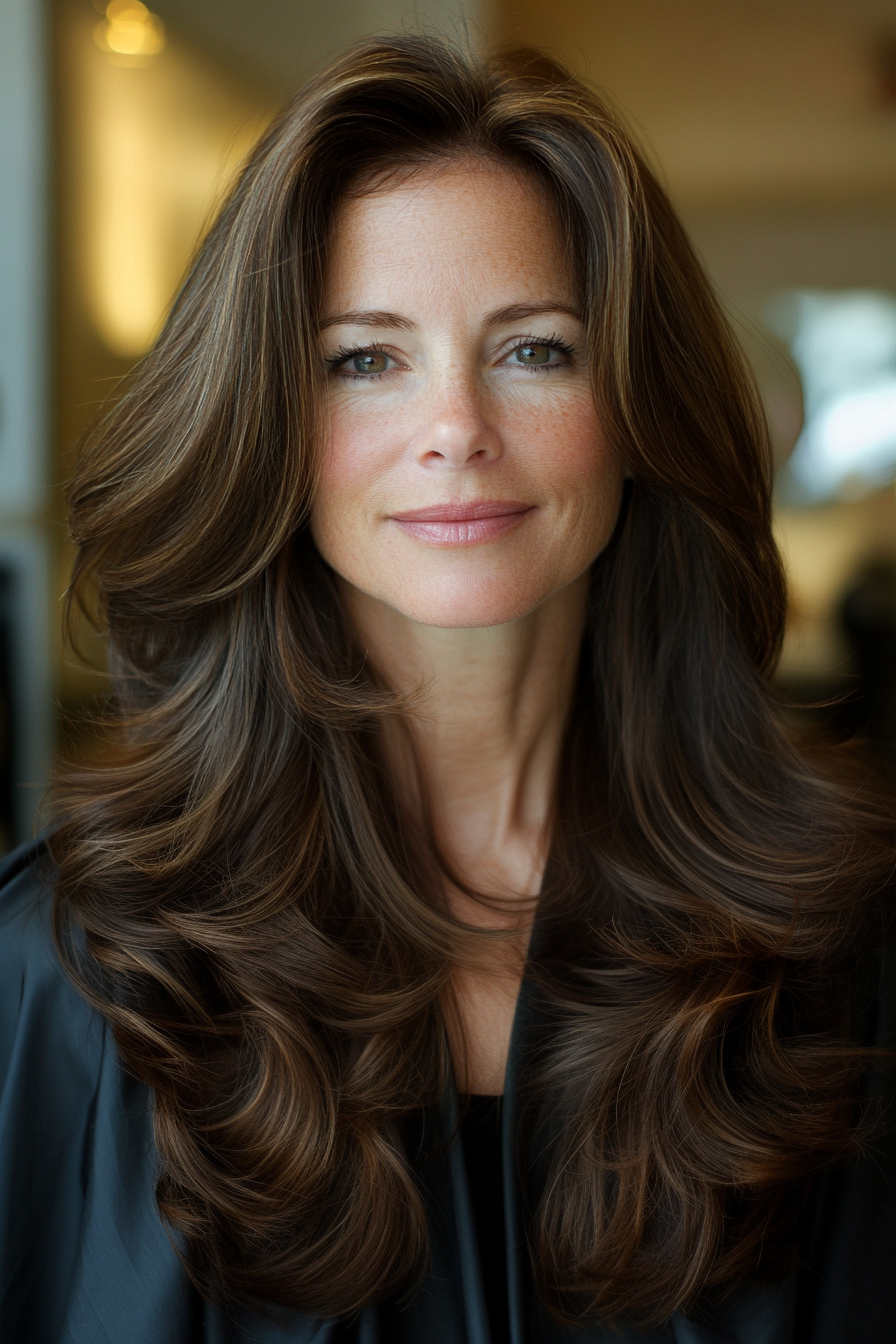 7. Soft Feathered Layers with Deep Espresso (Hairstyles For Women Over 40 With Fine Hair) - Hairstyles For Women Over 40 With Fine Hair