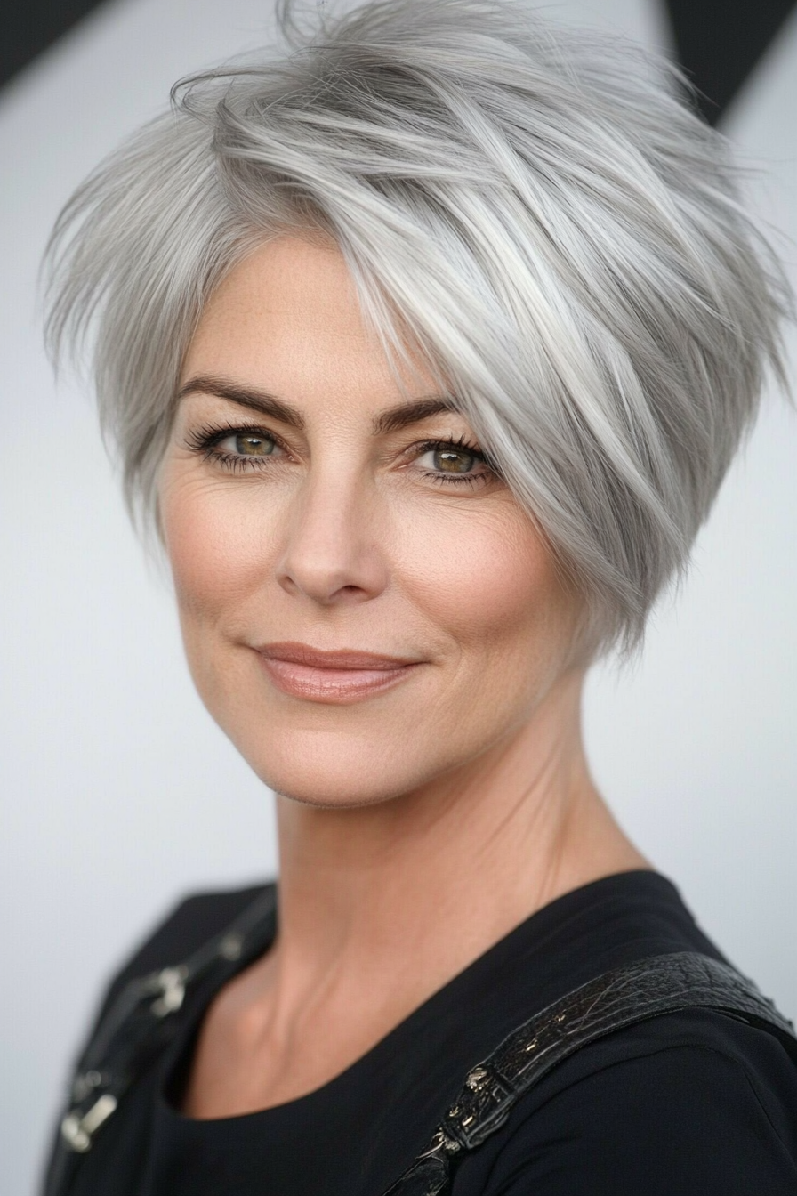 10. Layered Pixie with Silver Gray Blend (Hairstyles For Women Over 40 With Fine Hair) - Hairstyles For Women Over 40 With Fine Hair