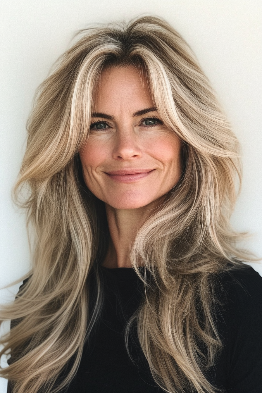 16. Tousled Long Layers with Beige Blonde (Hairstyles For Women Over 40 With Fine Hair) - Hairstyles For Women Over 40 With Fine Hair