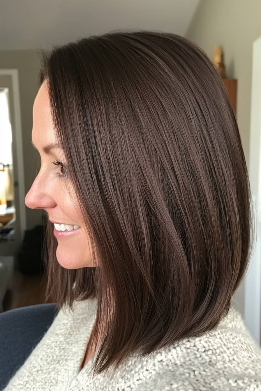 17. Sleek Mid-Length Cut with Dark Cocoa Brown (Hairstyles For Women Over 40 With Fine Hair) - Hairstyles For Women Over 40 With Fine Hair