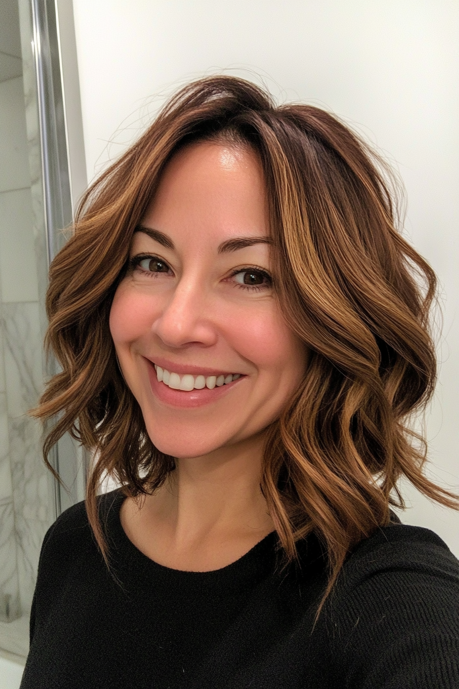 18. Wavy Lob with Honey Brunette (Hairstyles For Women Over 40 With Fine Hair) - Hairstyles For Women Over 40 With Fine Hair