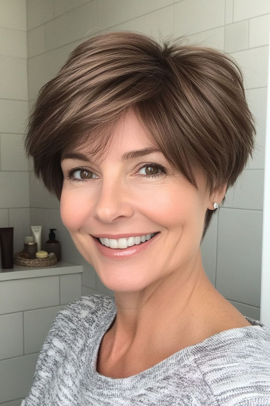 19. Cropped Pixie with Soft Taupe Brown (Hairstyles For Women Over 40 With Fine Hair) - Hairstyles For Women Over 40 With Fine Hair