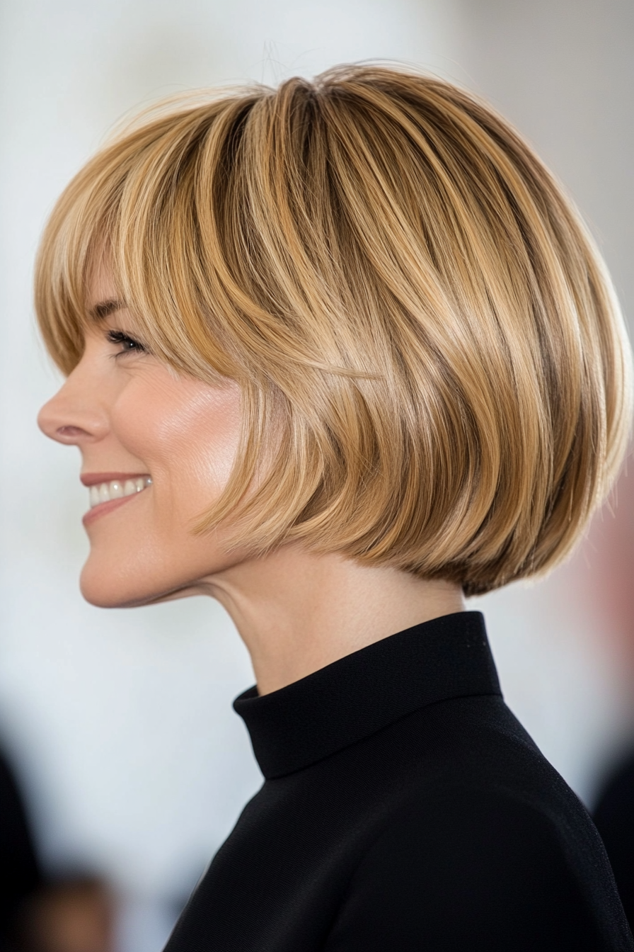 4. French Bob with Wispy Bangs in Warm Honey Blonde (Formal Bob Hairstyles) - Formal Bob Hairstyles