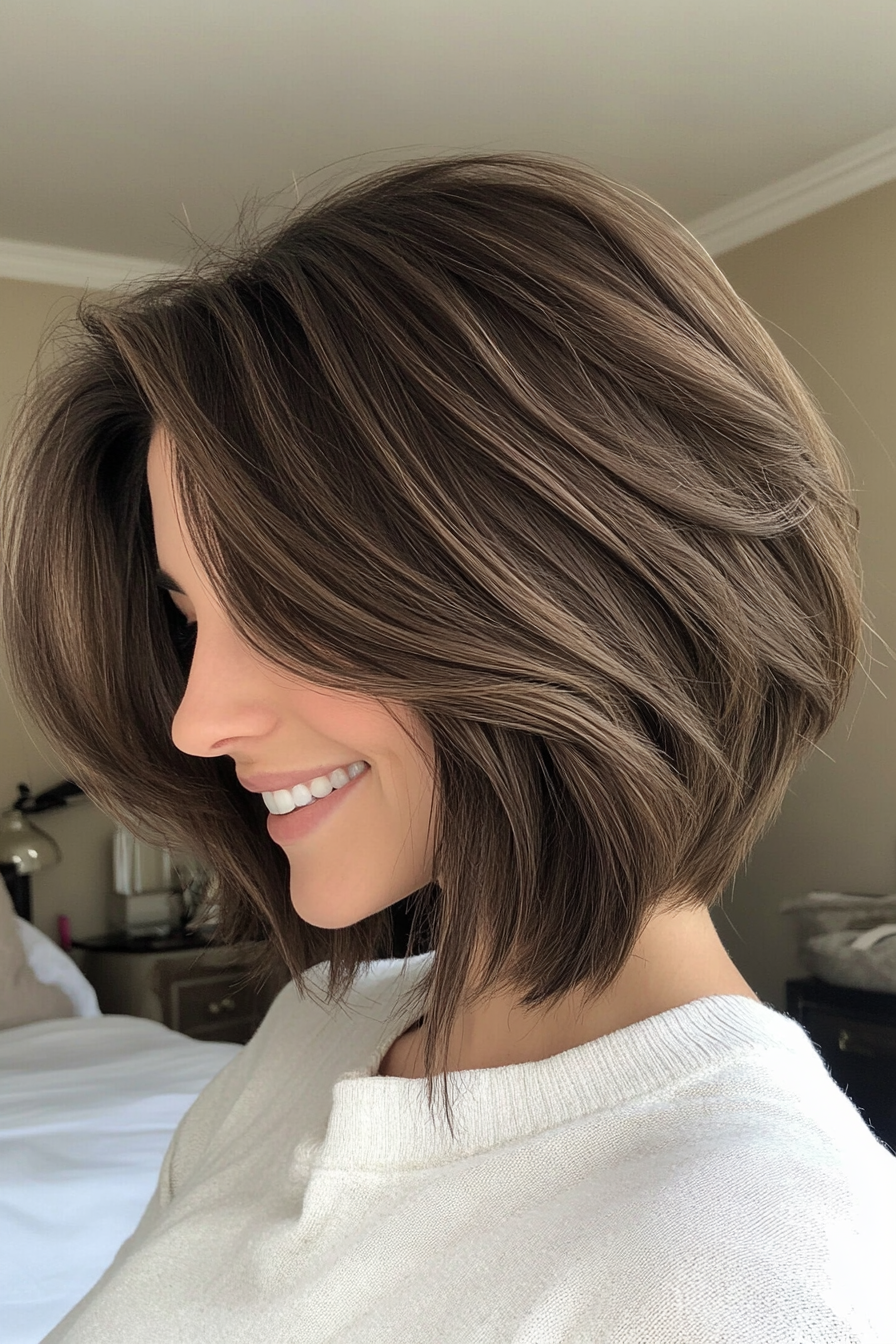 5. Voluminous Bob with Feathered Layers in Ash Brown (Formal Bob Hairstyles) - Formal Bob Hairstyles