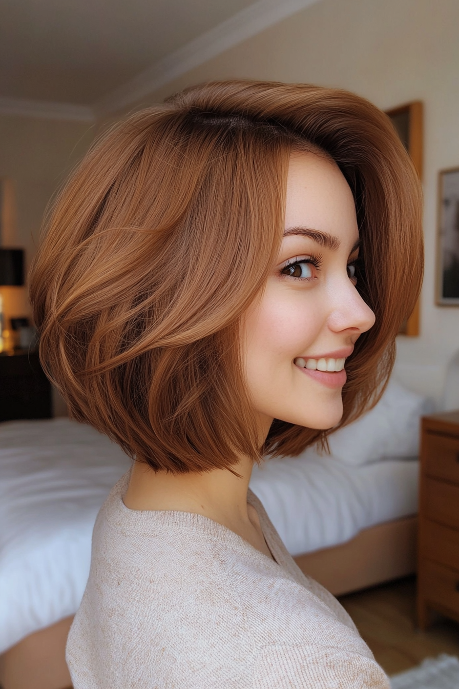 14. Softly Layered Bob with Curtain Bangs in Light Chestnut (Formal Bob Hairstyles) - Formal Bob Hairstyles