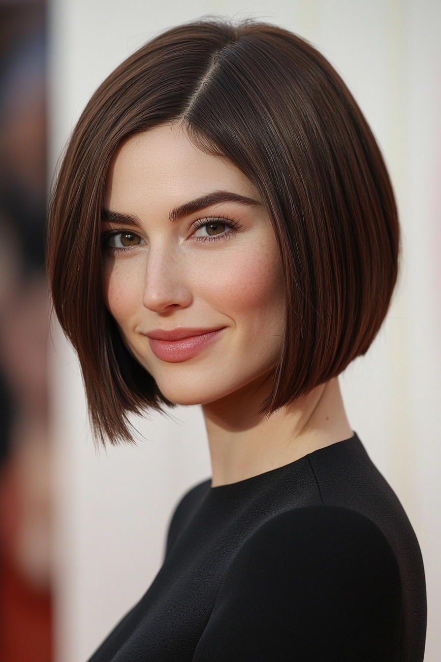 17. Polished Bob with Deep Side Part in Chestnut Mocha (Formal Bob Hairstyles) - Formal Bob Hairstyles