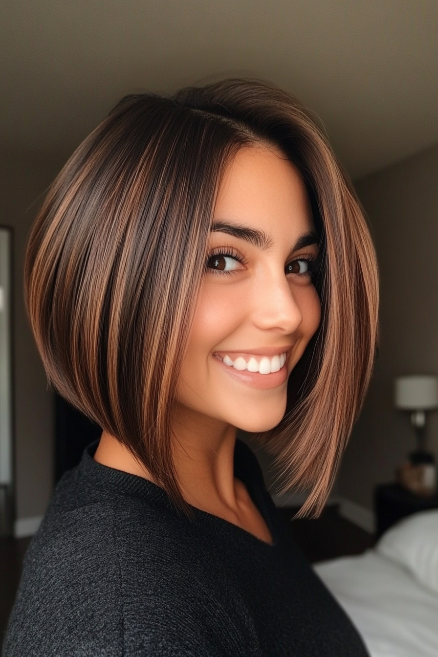 18. Glossy Asymmetrical Bob in Warm Cocoa Brown (Formal Bob Hairstyles) - Formal Bob Hairstyles