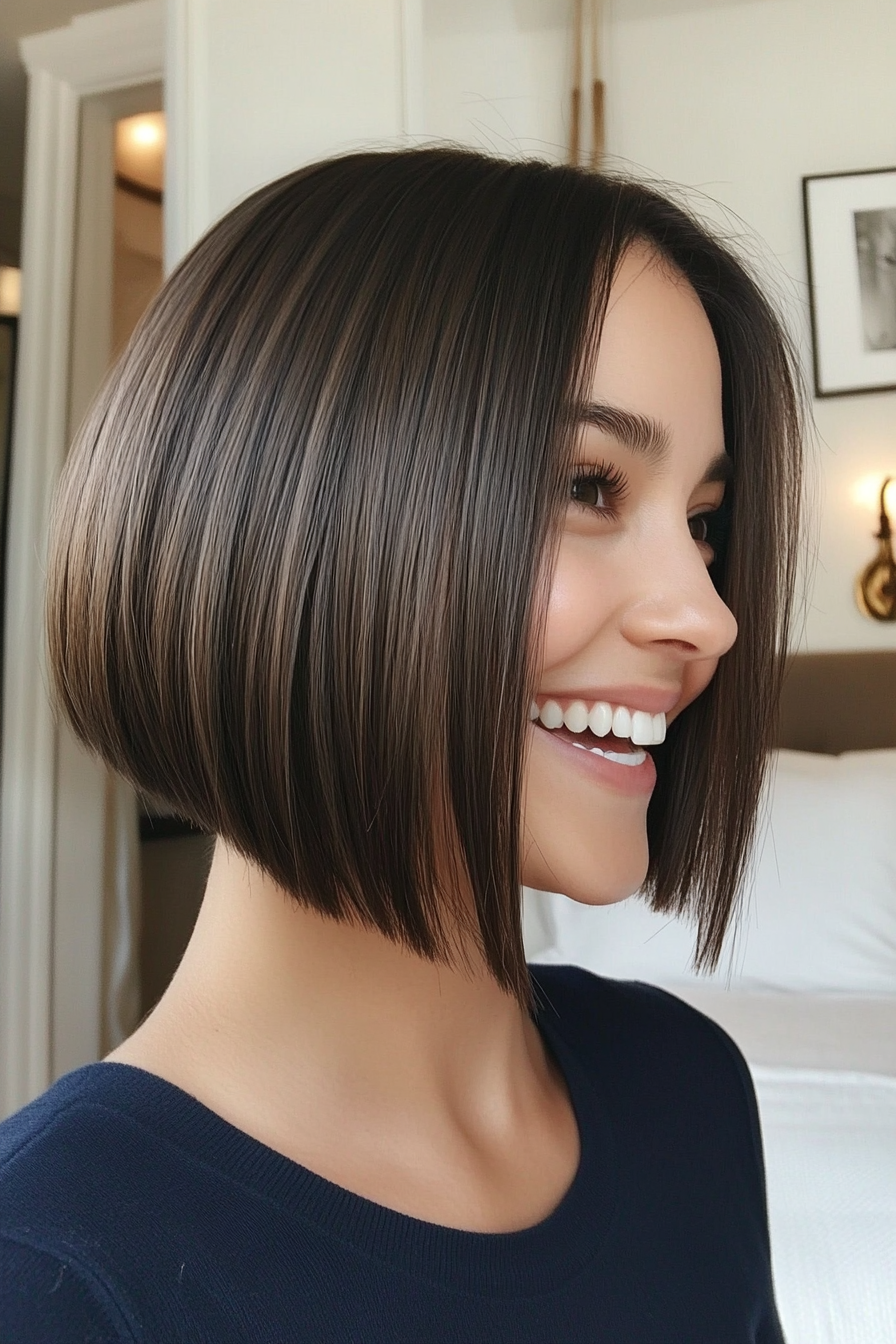 19. Short Stacked Bob with Precision Cut in Natural Brunette (Formal Bob Hairstyles) - Formal Bob Hairstyles