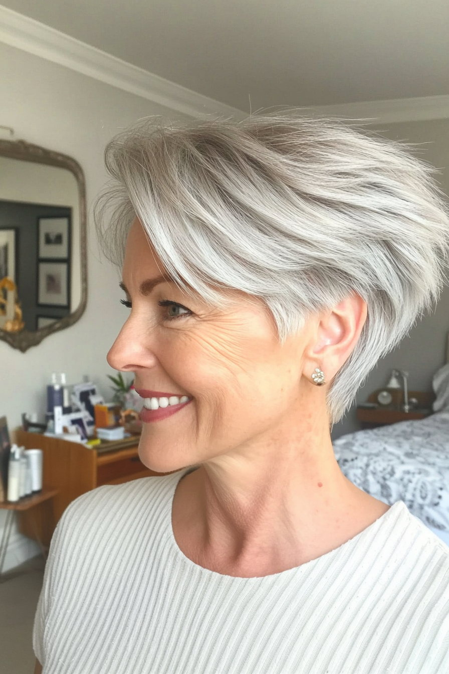 1. Feathered Pixie with Silver Blonde Tones (Hairstyles For Women Over 60 With Fine Hair) - Hairstyles For Women Over 60 With Fine Hair