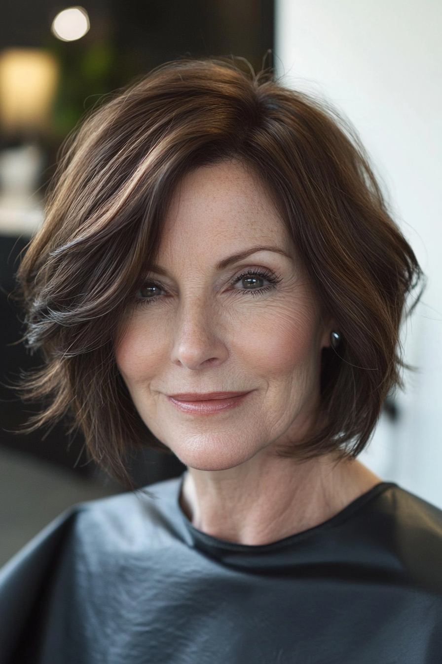 2. Soft Layered Bob in Warm Brunette (Hairstyles For Women Over 60 With Fine Hair) - Hairstyles For Women Over 60 With Fine Hair