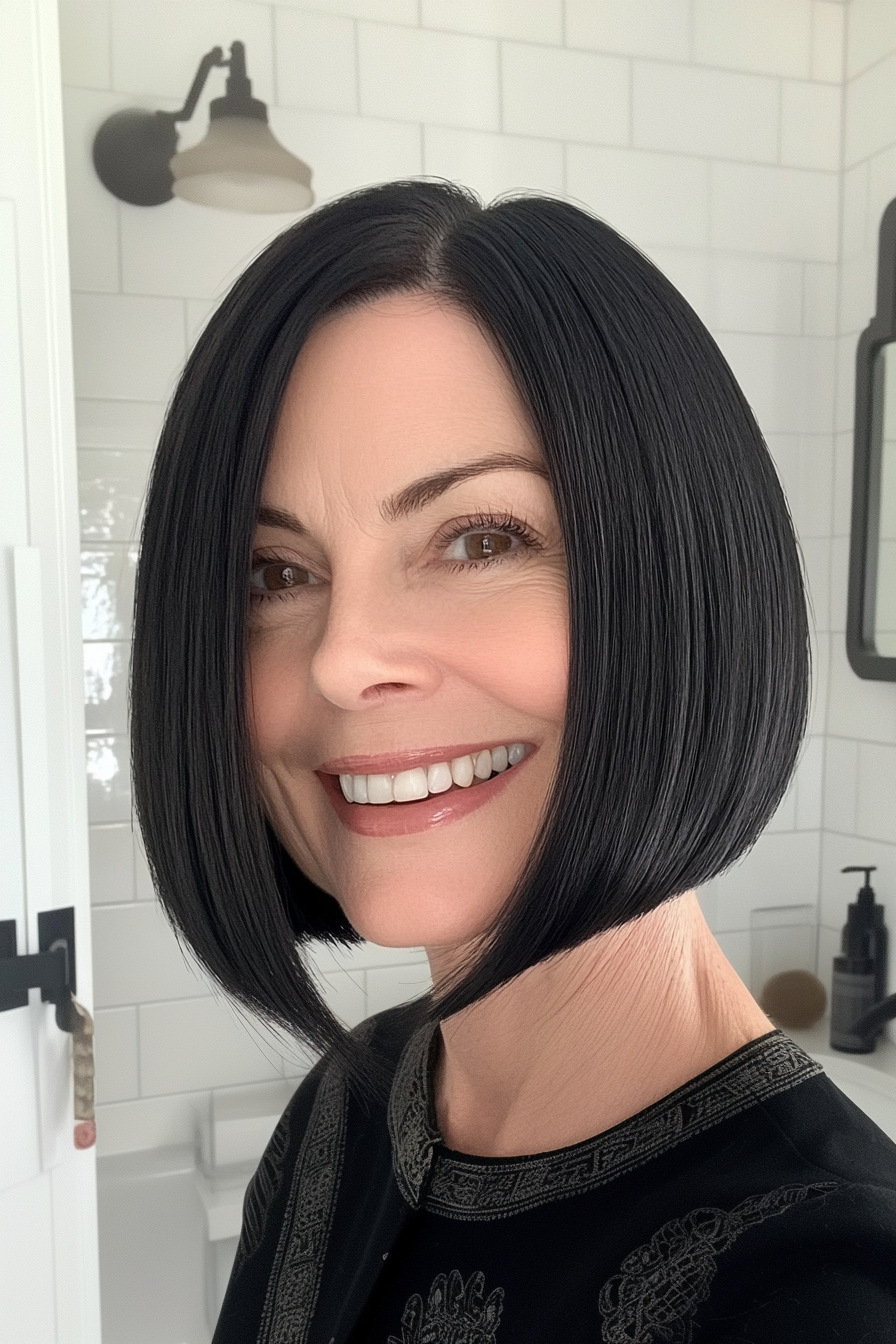 3. Chin-Length Sleek Bob in Deep Black (Hairstyles For Women Over 60 With Fine Hair) - Hairstyles For Women Over 60 With Fine Hair