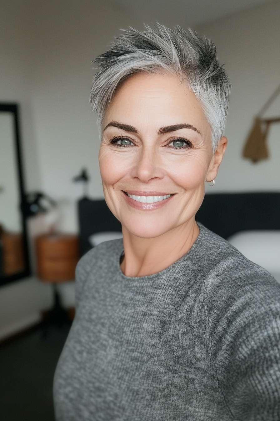 6. Textured Short Crop in Salt and Pepper Blend (Hairstyles For Women Over 60 With Fine Hair) - Hairstyles For Women Over 60 With Fine Hair
