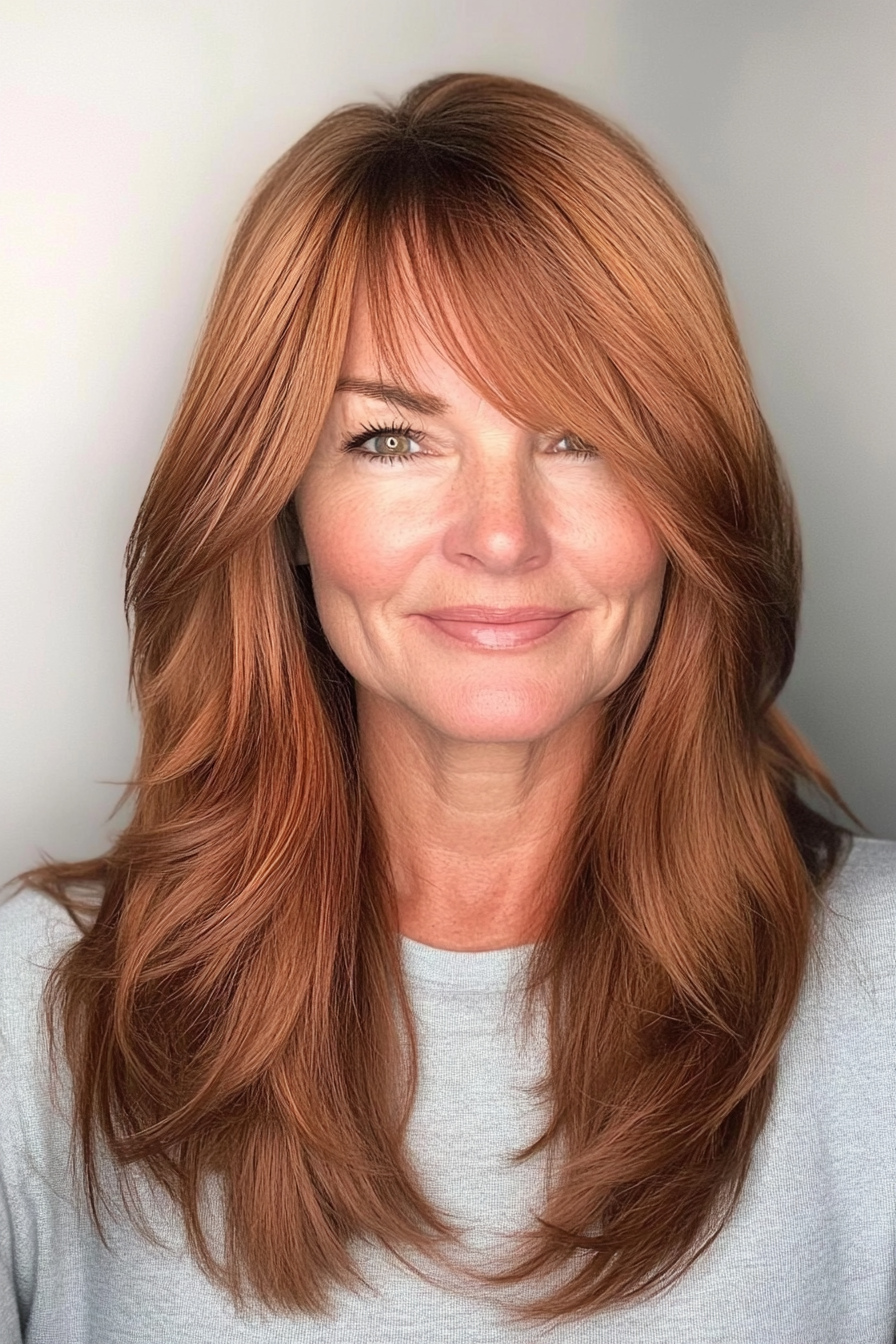 7. Long Side-Swept Bangs in Soft Chestnut Brown (Hairstyles For Women Over 60 With Fine Hair) - Hairstyles For Women Over 60 With Fine Hair