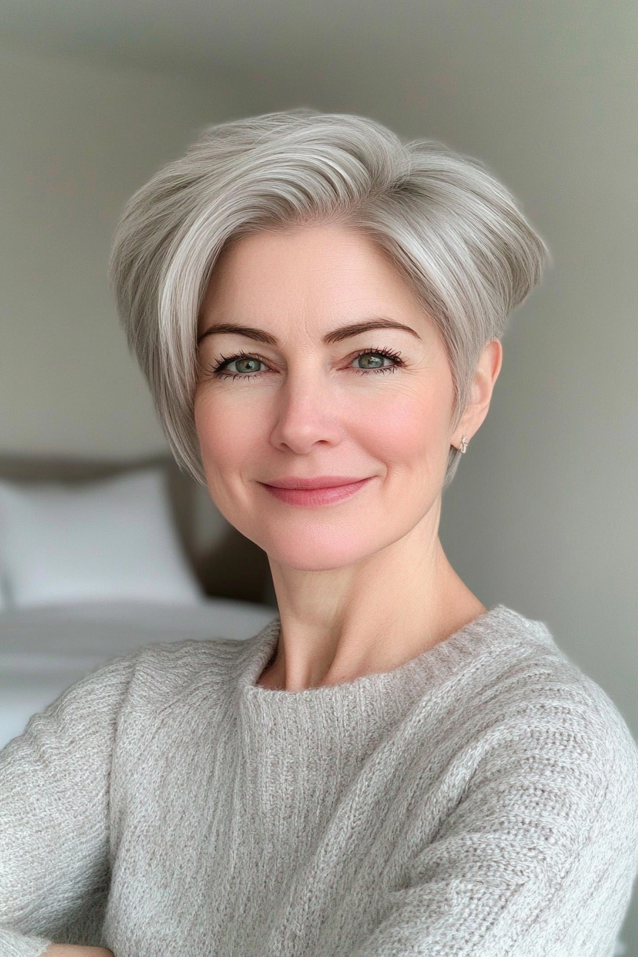 11. Voluminous Pixie in Natural Silver (Hairstyles For Women Over 60 With Fine Hair) - Hairstyles For Women Over 60 With Fine Hair