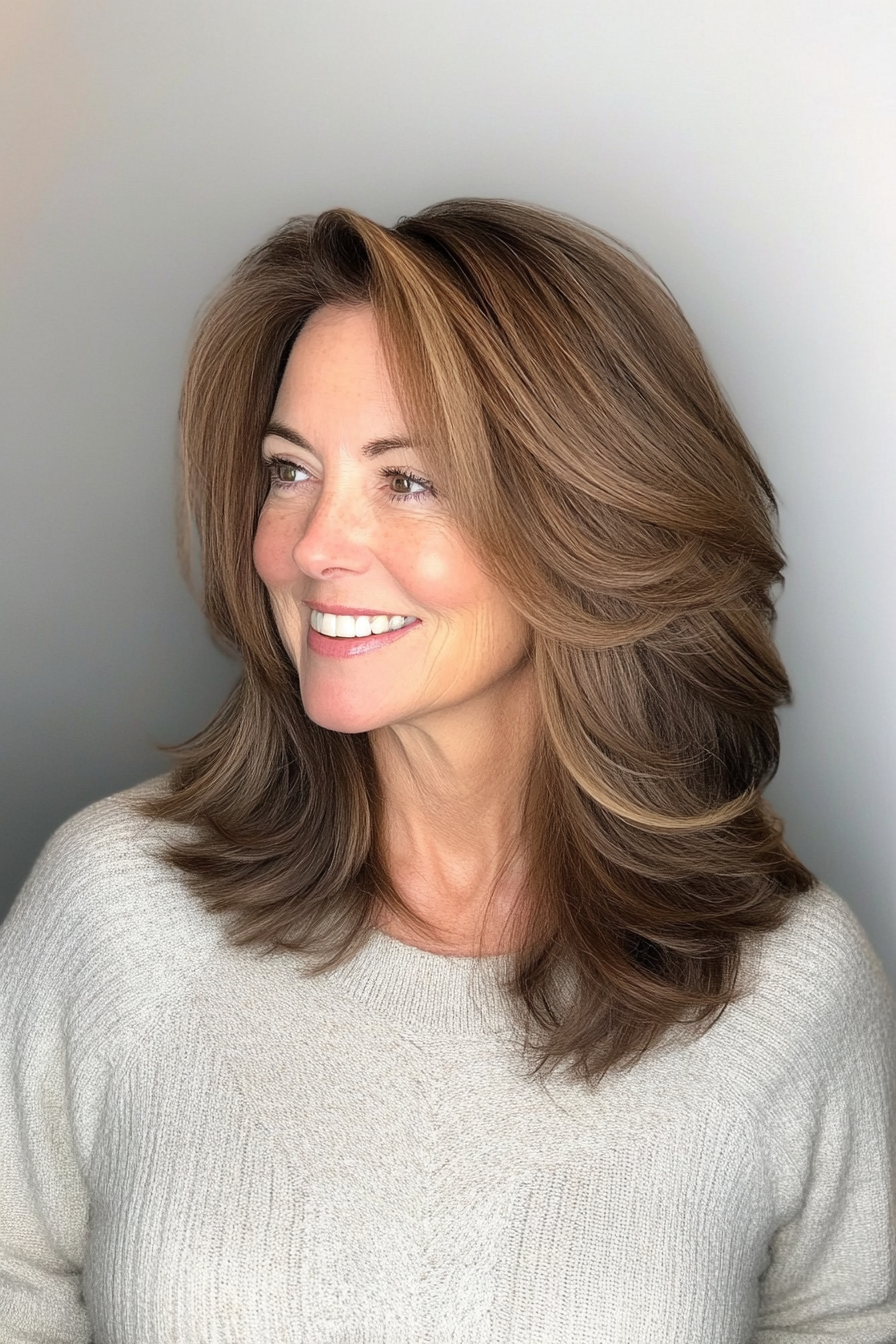 13. Shoulder-Grazing Layers in Soft Mocha Brown (Hairstyles For Women Over 60 With Fine Hair) - Hairstyles For Women Over 60 With Fine Hair