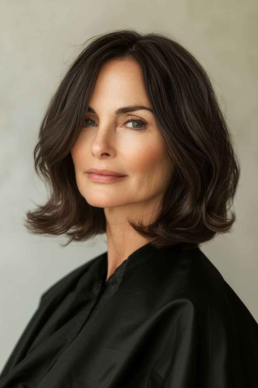 14. Side-Parted Soft Lob in Dark Espresso Brown (Hairstyles For Women Over 60 With Fine Hair) - Hairstyles For Women Over 60 With Fine Hair
