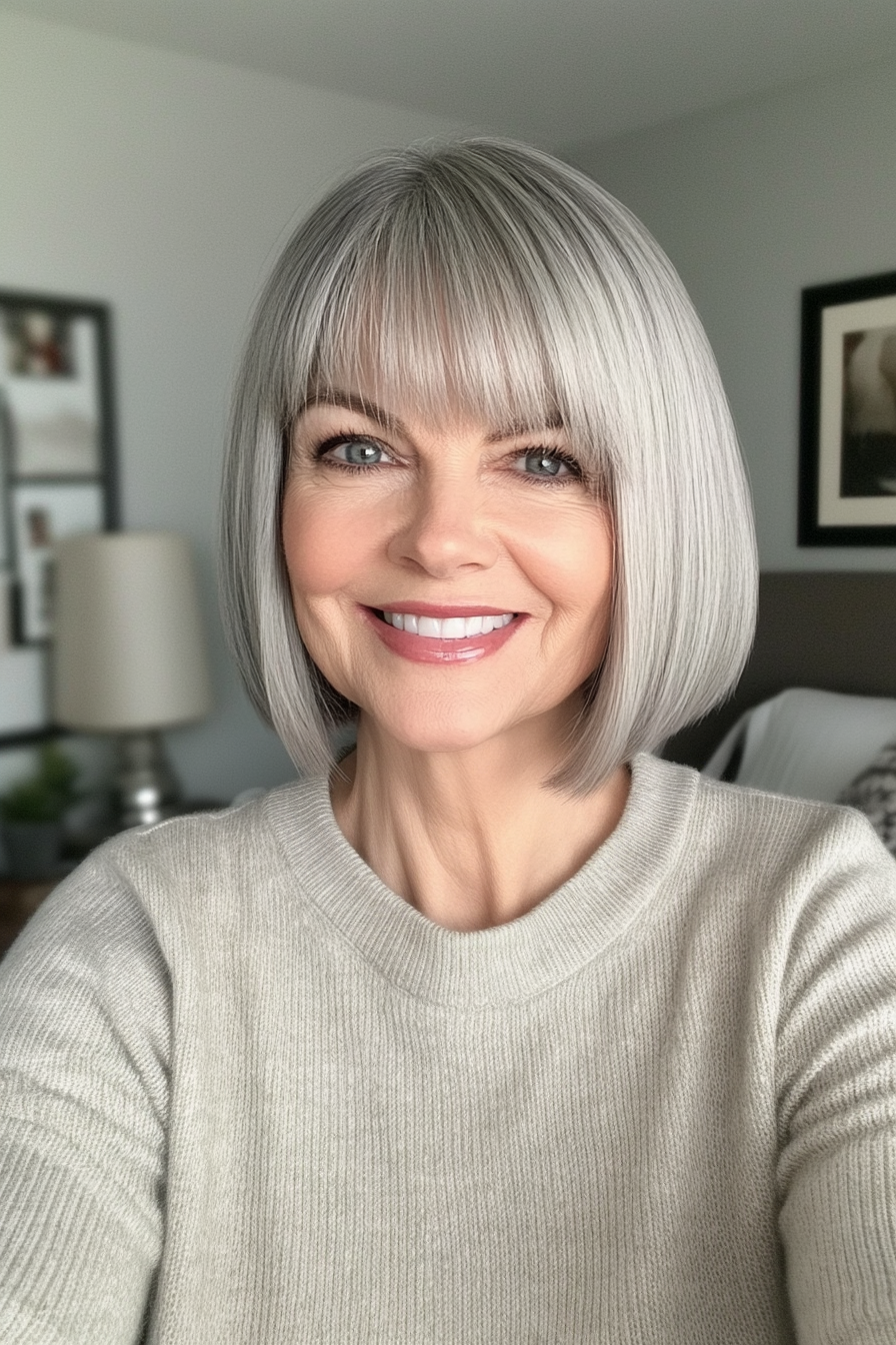 17. Elegant Short Bob with Bangs in Ash Gray (Hairstyles For Women Over 60 With Fine Hair) - Hairstyles For Women Over 60 With Fine Hair