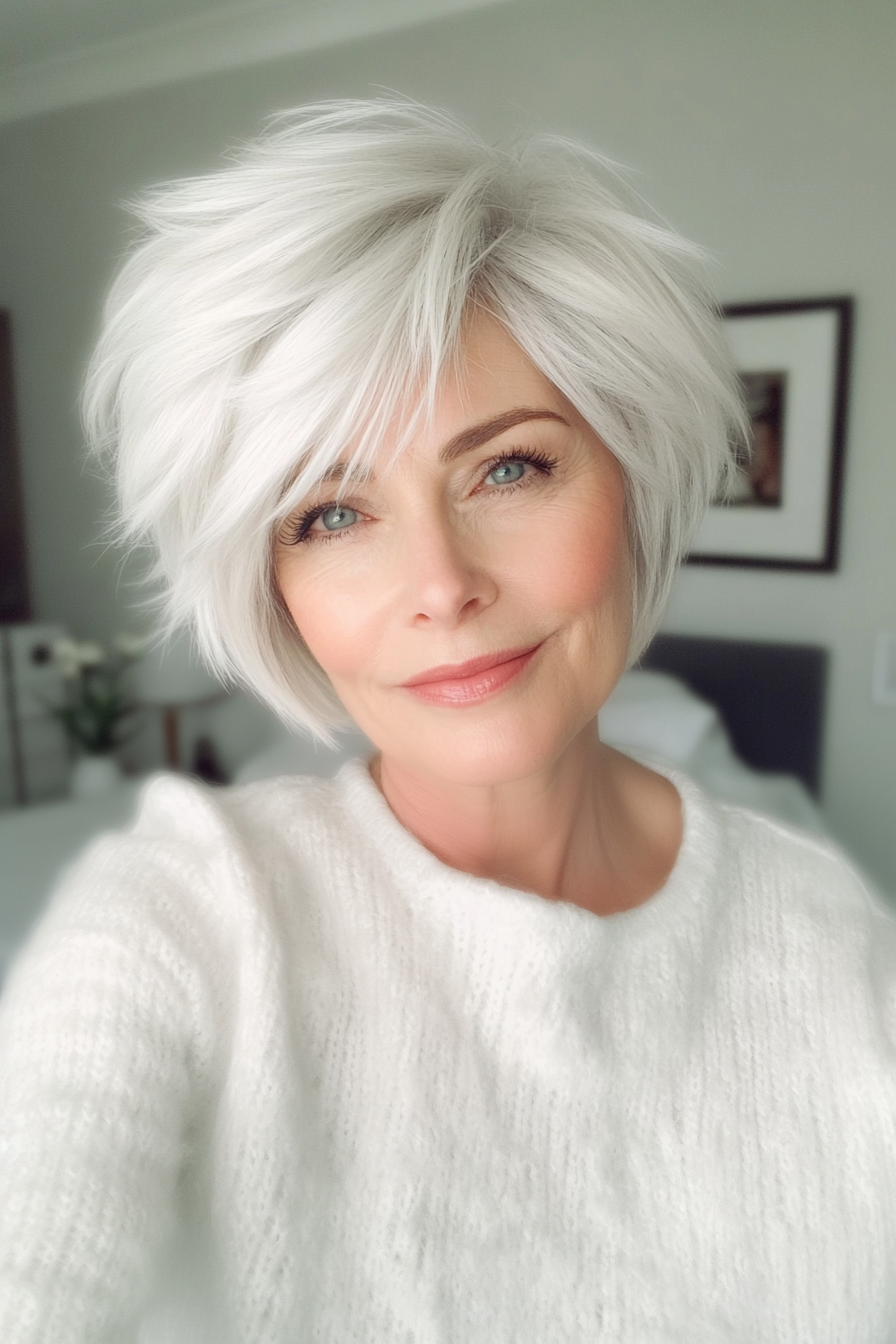 19. Choppy Pixie with Side Bangs in Snowy White (Hairstyles For Women Over 60 With Fine Hair) - Hairstyles For Women Over 60 With Fine Hair