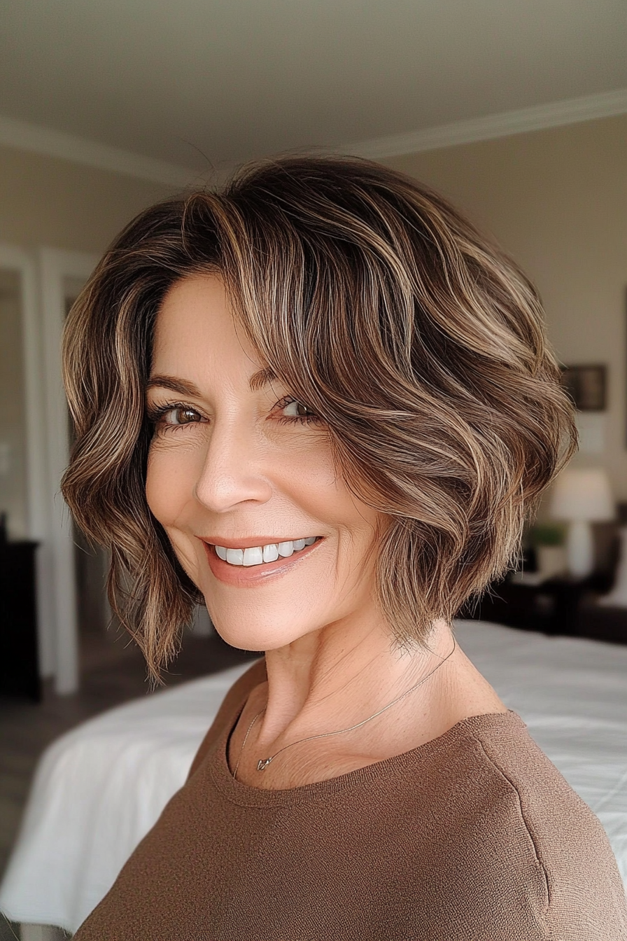 26. Short Wavy Bob with Highlights in Dark Chestnut (Hairstyles For Women Over 60 With Fine Hair) - Hairstyles For Women Over 60 With Fine Hair
