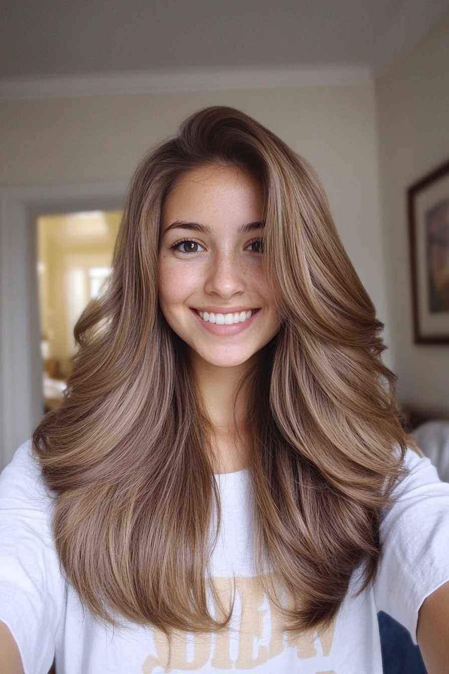 2. Face-Framing Layers with Ash Brown Balayage (Long Haircuts For Thick Hair) - Long Haircuts For Thick Hair