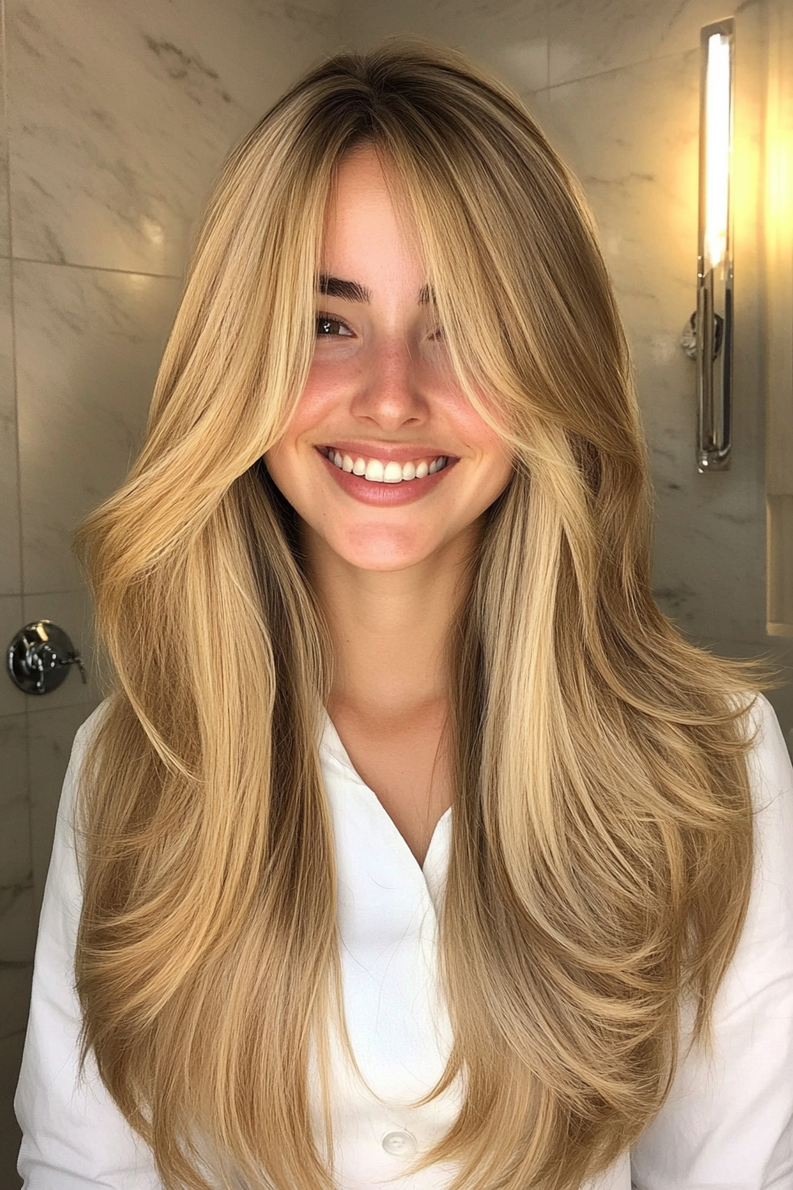 4. Curtain Bangs with Butterscotch Blonde (Long Haircuts For Thick Hair) - Long Haircuts For Thick Hair