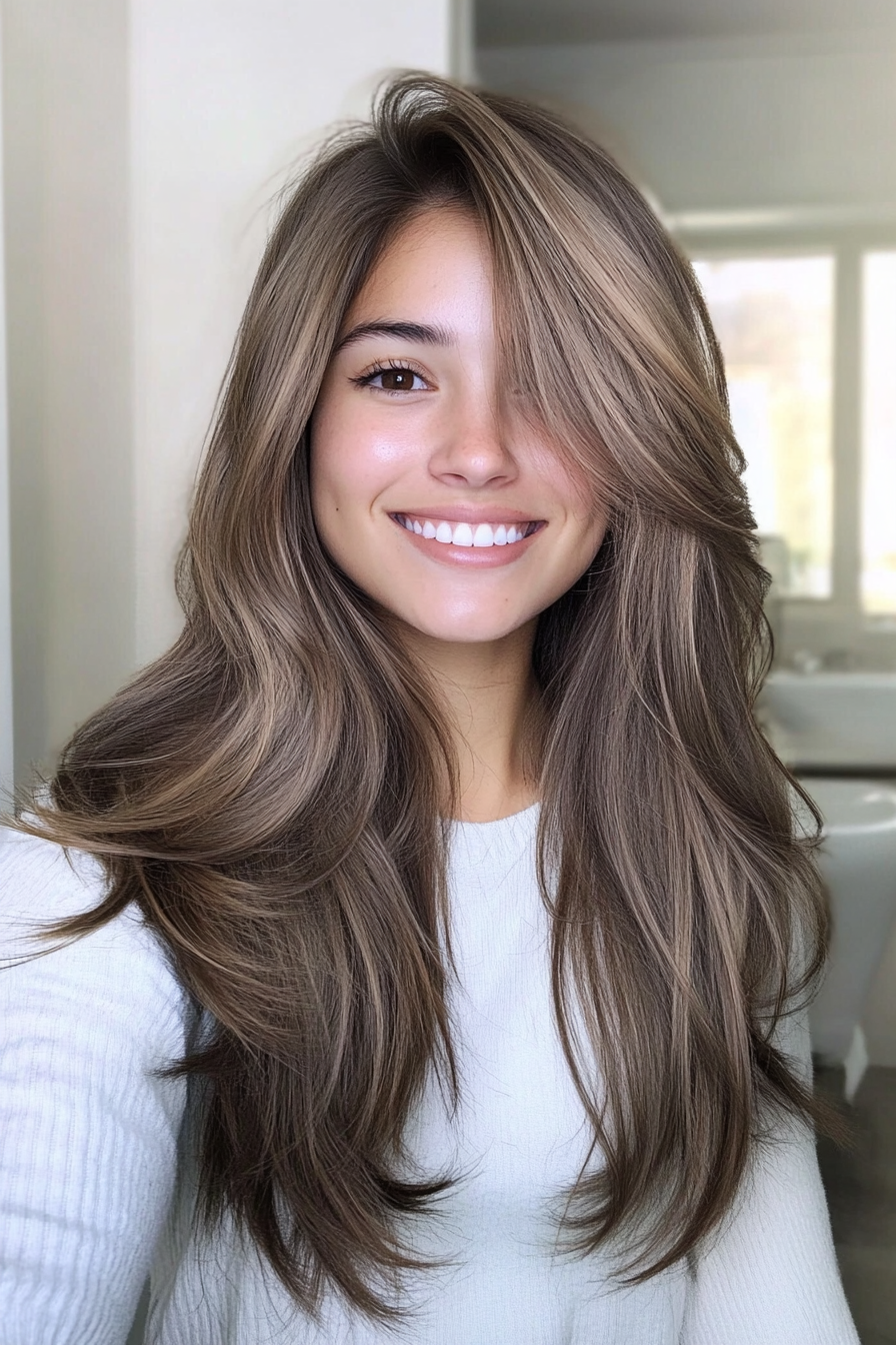 9. Wispy Layered Cut in Soft Mocha Brown (Long Haircuts For Thick Hair) - Long Haircuts For Thick Hair