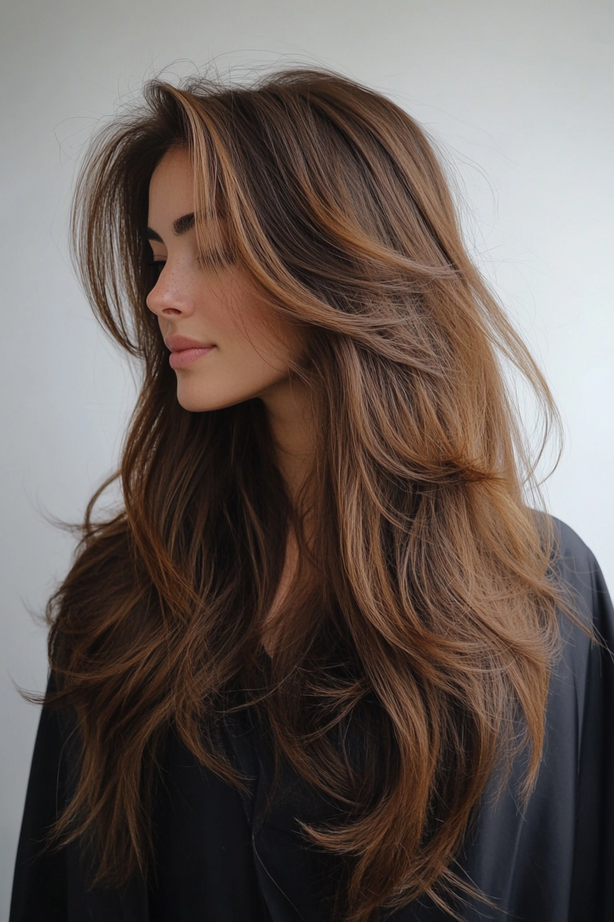 11. Waterfall Layers with Cinnamon Brunette Hue (Long Haircuts For Thick Hair) - Long Haircuts For Thick Hair