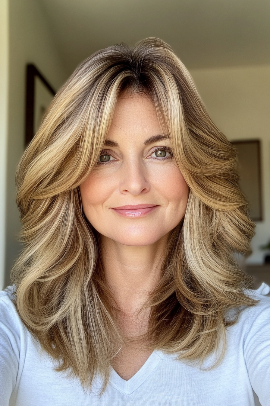 1. Feathered Layers with Honey Blonde Highlights (Shoulder Length Hairstyles For Women Over 50) - Shoulder Length Hairstyles For Women Over 50