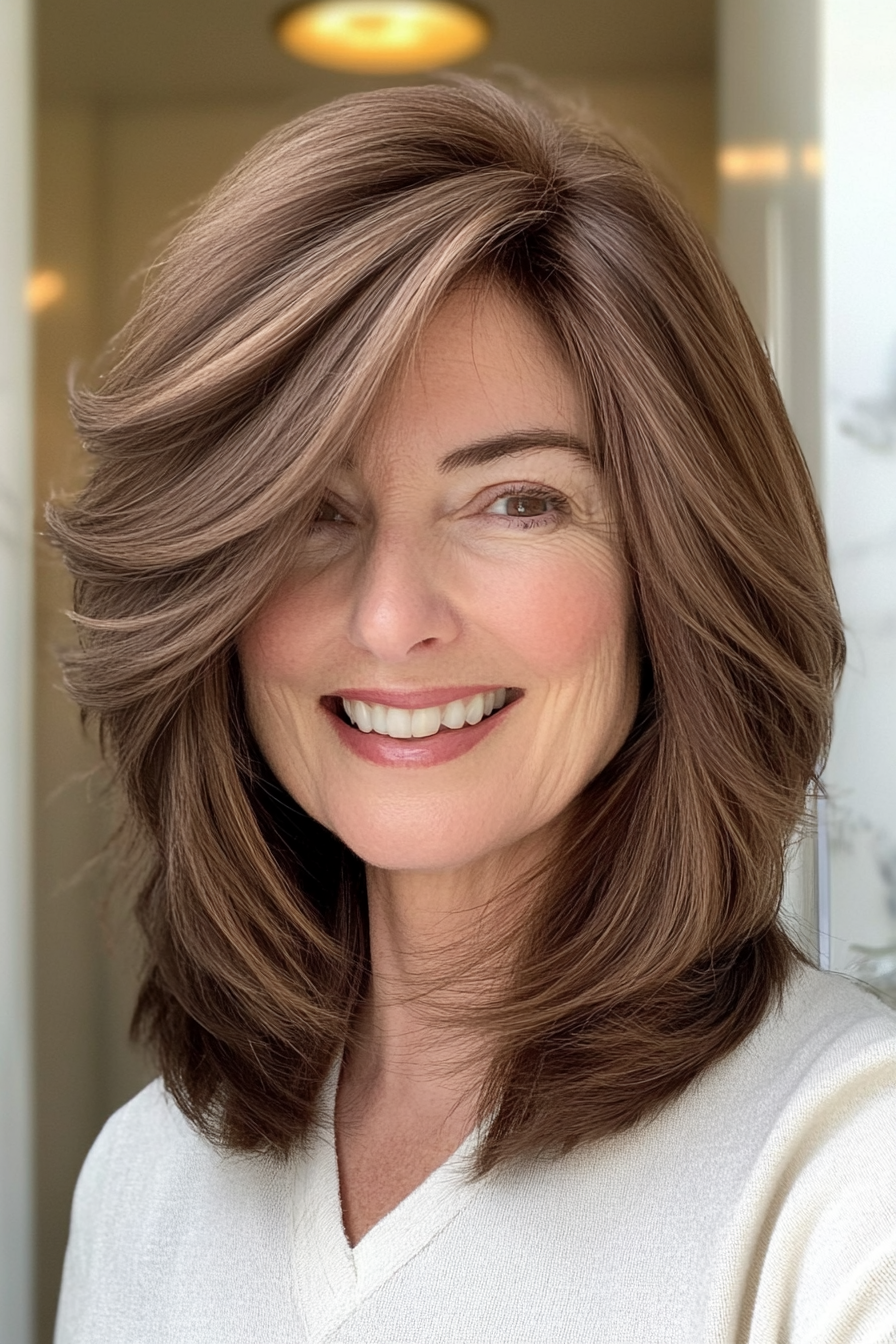 2. Soft Shag with Chestnut Brown Tones (Shoulder Length Hairstyles For Women Over 50) - Shoulder Length Hairstyles For Women Over 50