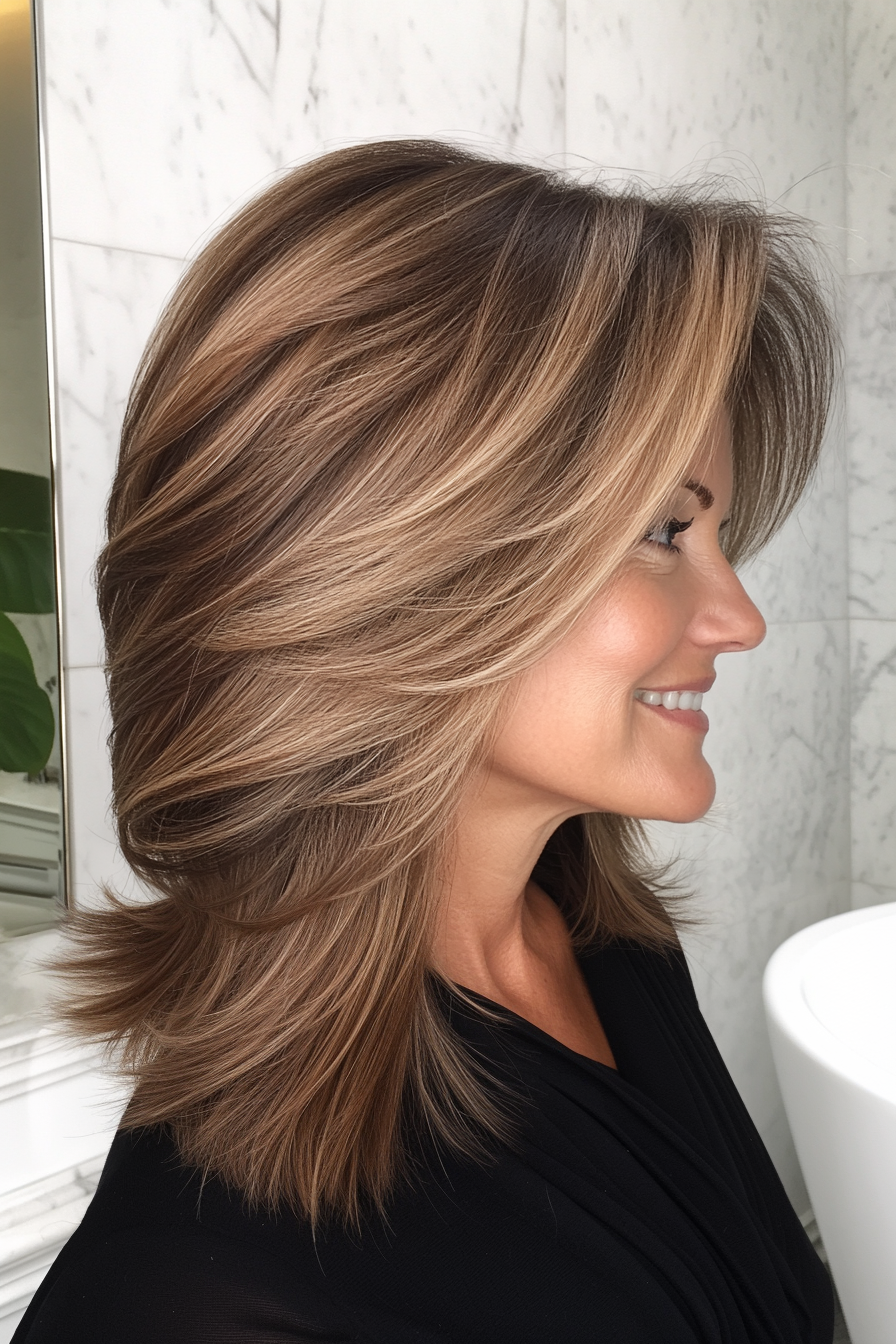 4. Layered Lob with Subtle Ash Brown Highlights (Shoulder Length Hairstyles For Women Over 50) - Shoulder Length Hairstyles For Women Over 50