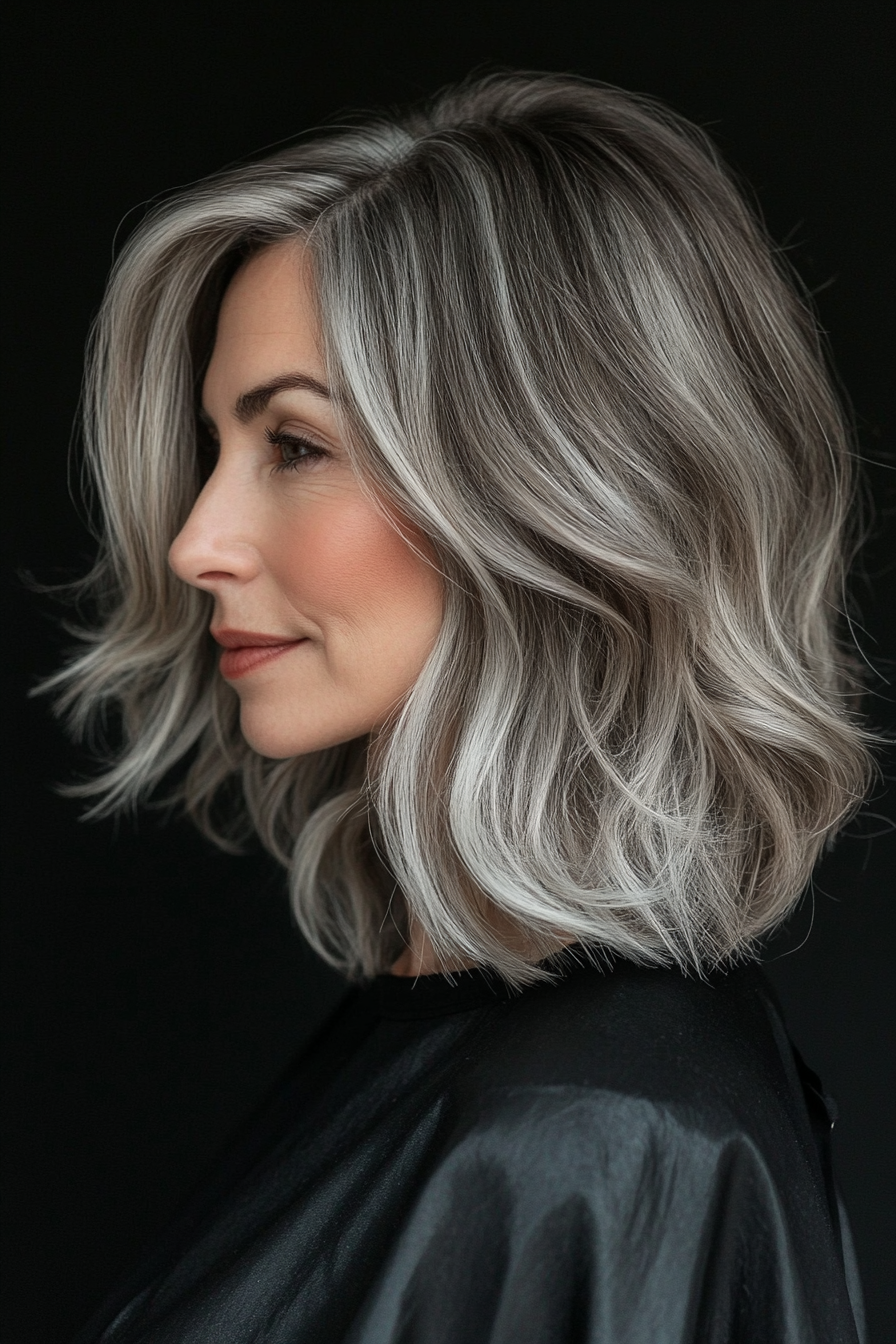 5. Wavy Shoulder-Length Cut with Salt and Pepper Elegance (Shoulder Length Hairstyles For Women Over 50) - Shoulder Length Hairstyles For Women Over 50