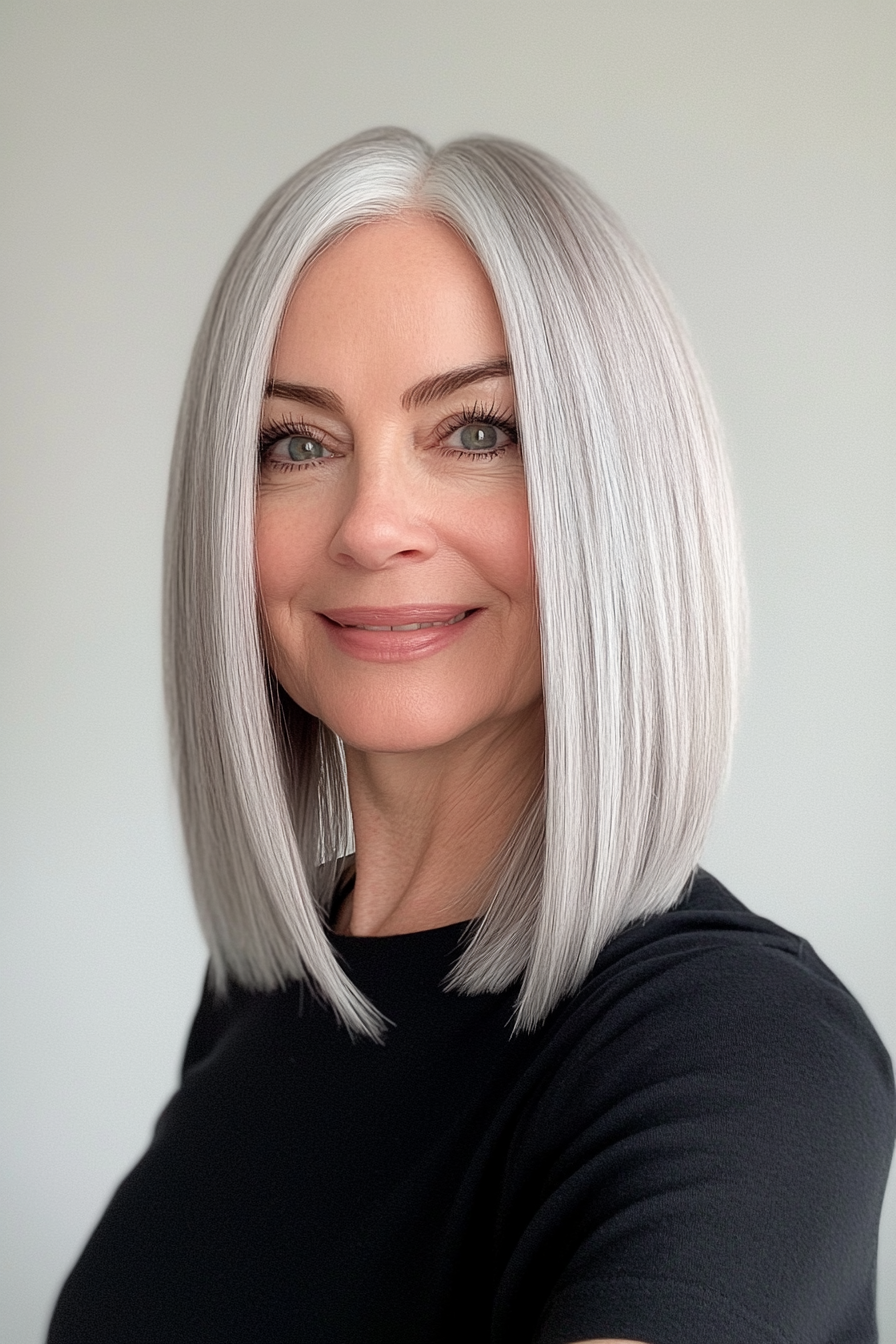6. Blunt Shoulder Cut with Natural Silver (Shoulder Length Hairstyles For Women Over 50) - Shoulder Length Hairstyles For Women Over 50