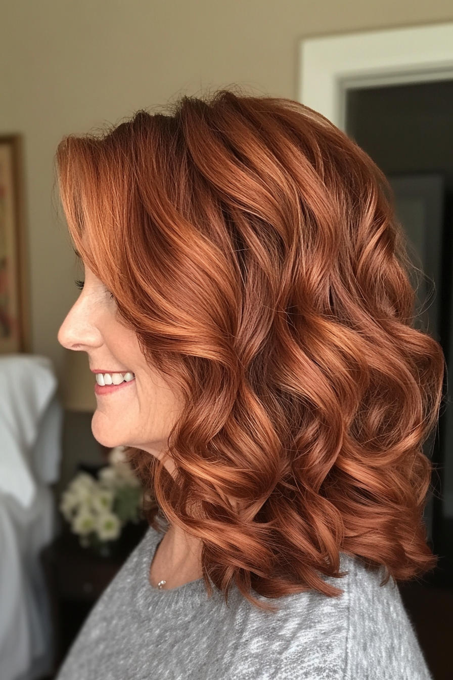 7. Softly Curled Lob with Deep Auburn Tones (Shoulder Length Hairstyles For Women Over 50) - Shoulder Length Hairstyles For Women Over 50