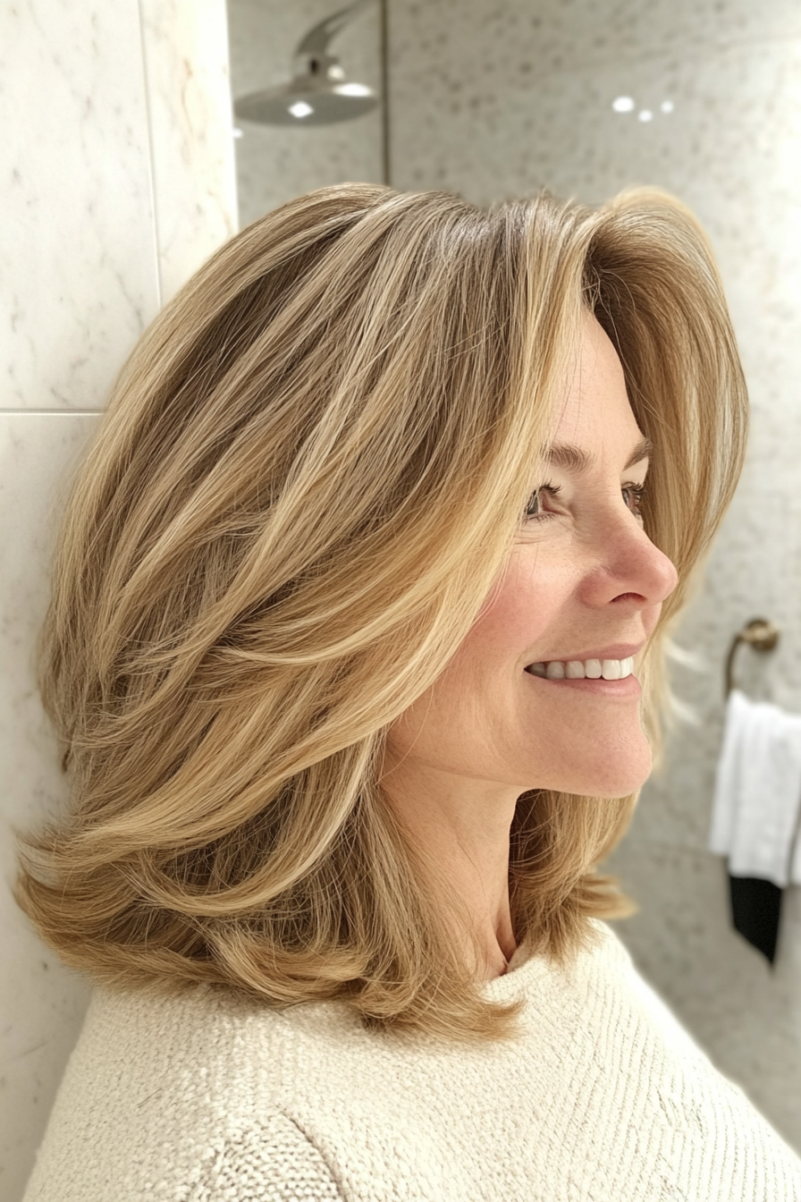 8. Textured Midi Cut with Golden Blonde Highlights (Shoulder Length Hairstyles For Women Over 50) - Shoulder Length Hairstyles For Women Over 50