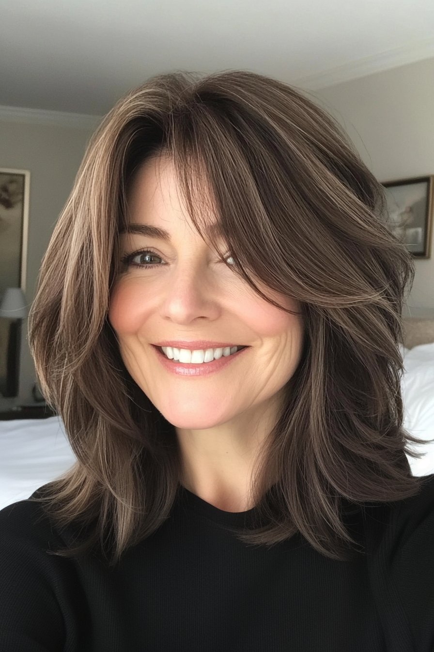 9. Wispy Bangs and Layered Lob with Dark Brown Base (Shoulder Length Hairstyles For Women Over 50) - Shoulder Length Hairstyles For Women Over 50
