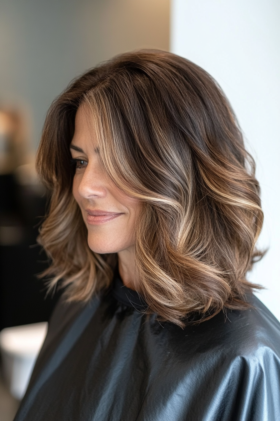 10. Voluminous Shoulder Cut with Warm Caramel Balayage (Shoulder Length Hairstyles For Women Over 50) - Shoulder Length Hairstyles For Women Over 50
