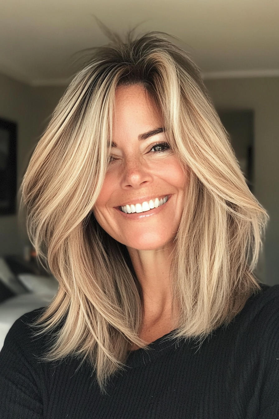 12. Choppy Layers with Natural Dark Blonde Tones (Shoulder Length Hairstyles For Women Over 50) - Shoulder Length Hairstyles For Women Over 50