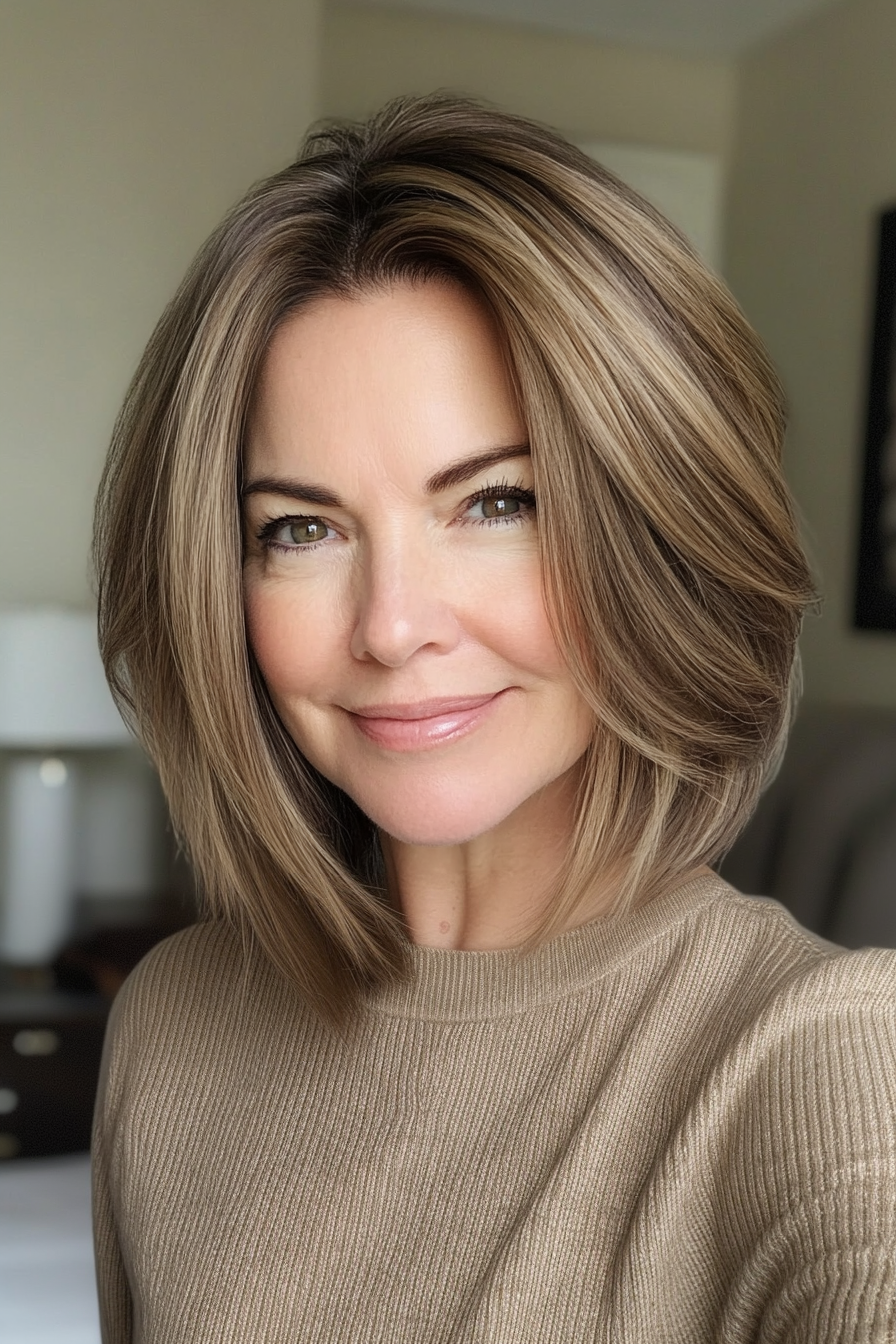 15. Classic Layered Bob with Natural Light Brown Base (Shoulder Length Hairstyles For Women Over 50) - Shoulder Length Hairstyles For Women Over 50