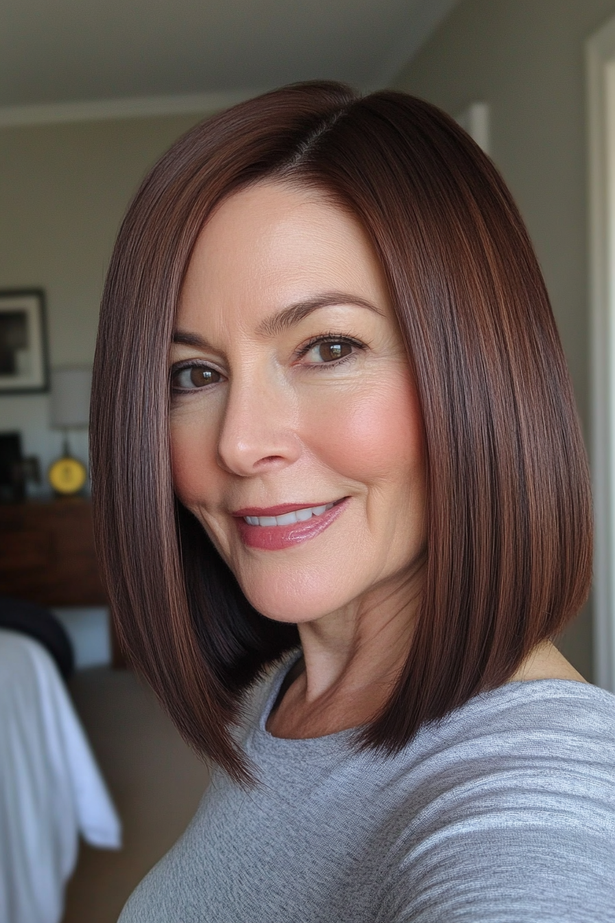 18. Blunt Shoulder Cut with Deep Mahogany Brown (Shoulder Length Hairstyles For Women Over 50) - Shoulder Length Hairstyles For Women Over 50