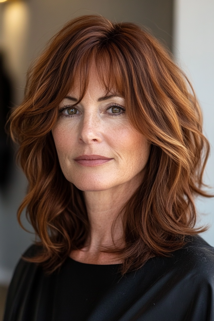 19. Layered Midi Cut with Subtle Cinnamon Undertones (Shoulder Length Hairstyles For Women Over 50) - Shoulder Length Hairstyles For Women Over 50