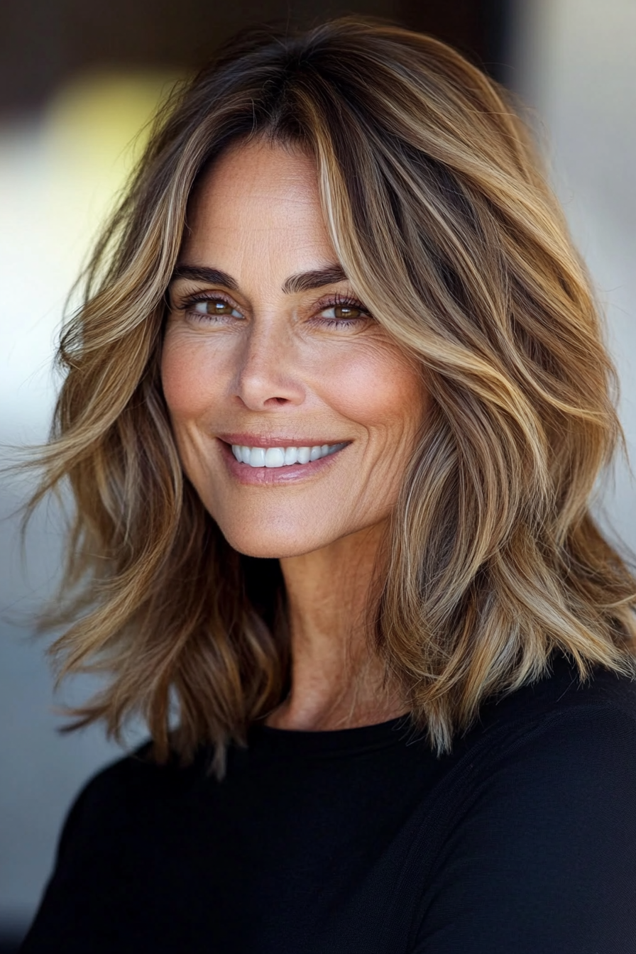 22. Relaxed Waves with Honey Brown Lowlights (Shoulder Length Hairstyles For Women Over 50) - Shoulder Length Hairstyles For Women Over 50