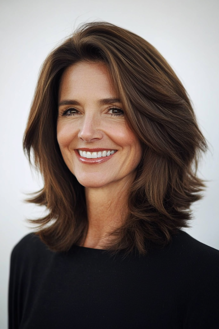 23. Flipped Ends Shoulder Cut with Rich Mocha Brown (Shoulder Length Hairstyles For Women Over 50) - Shoulder Length Hairstyles For Women Over 50
