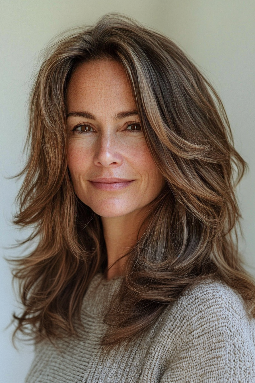 24. Layered and Tousled Midi with Natural Warm Brown (Shoulder Length Hairstyles For Women Over 50) - Shoulder Length Hairstyles For Women Over 50