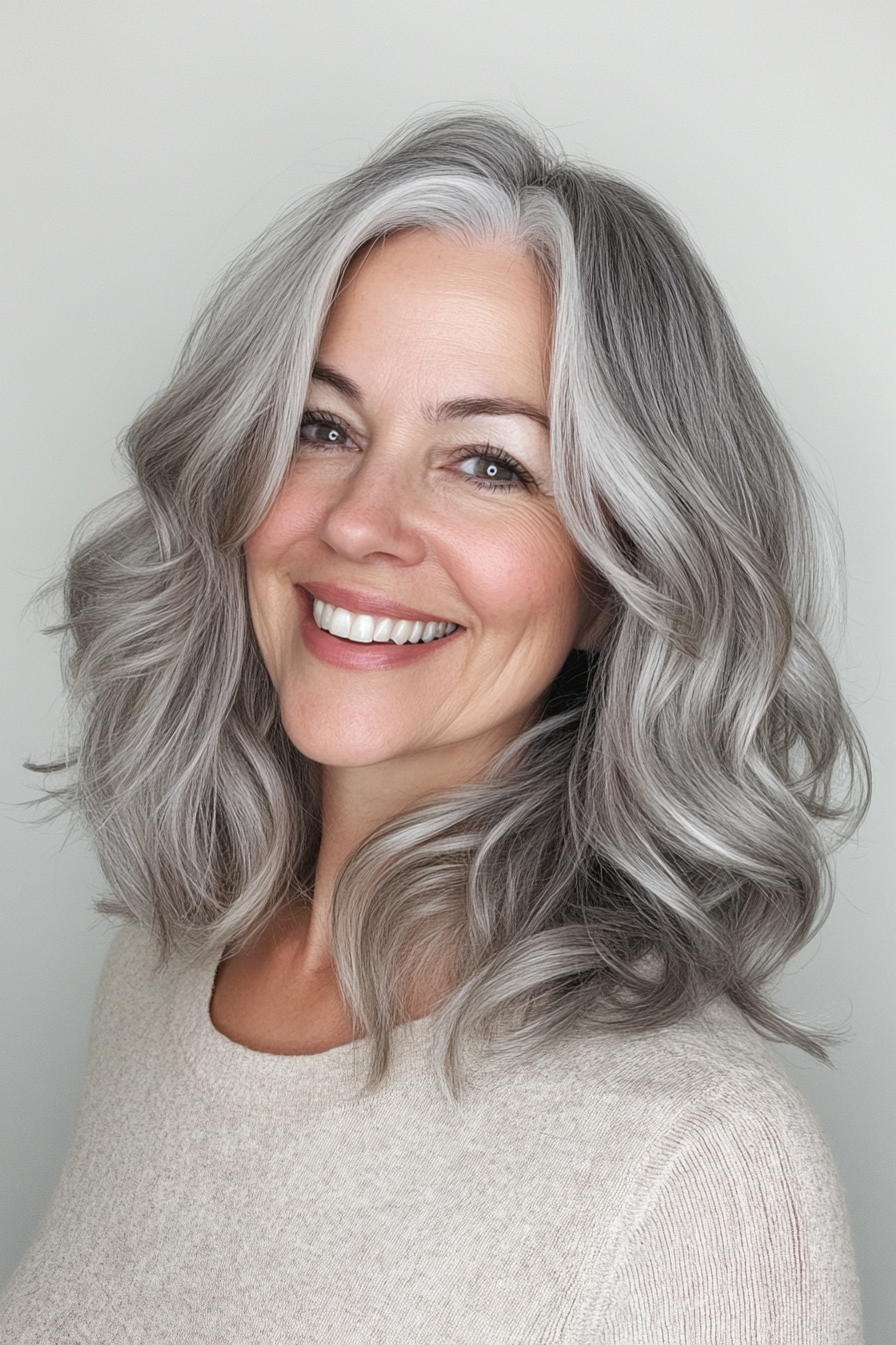 25. Soft Shoulder-Length Waves with Ash Gray Blend (Shoulder Length Hairstyles For Women Over 50) - Shoulder Length Hairstyles For Women Over 50