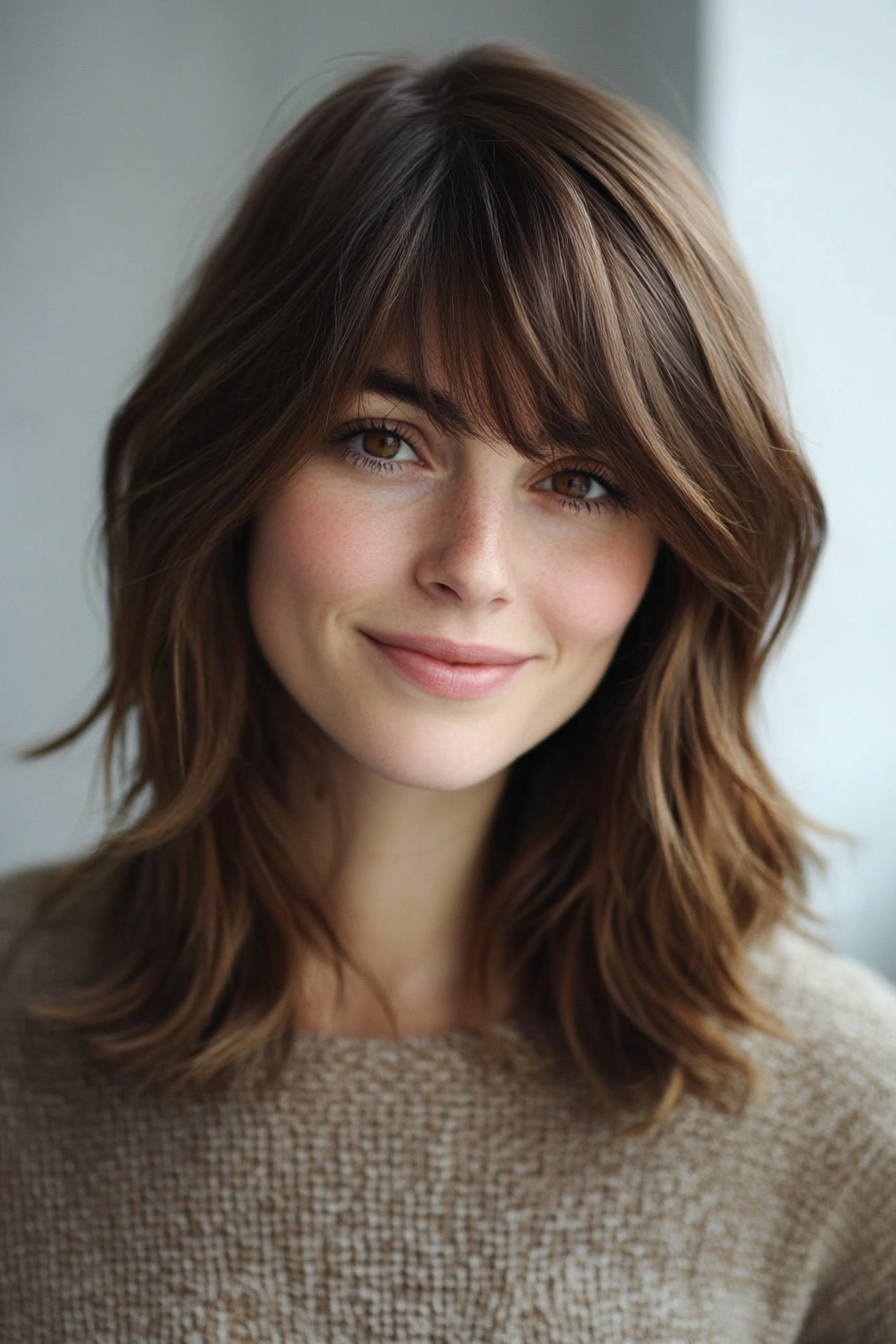 1. Feathered Lob with Soft Curtain Bangs – Chestnut Brown (Medium Length Haircuts With Bangs) - Medium Length Haircuts With Bangs