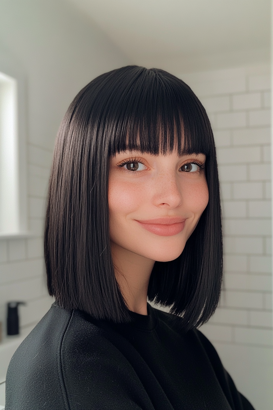 2. Blunt Shoulder-Length Cut with Straight Bangs – Jet Black (Medium Length Haircuts With Bangs) - Medium Length Haircuts With Bangs