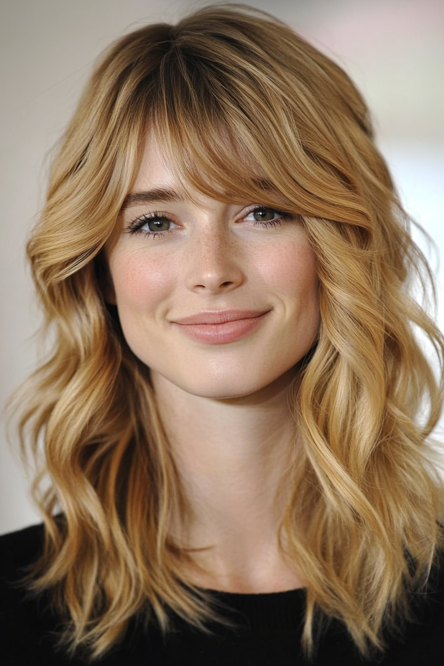 4. Wavy Medium Cut with Side-Swept Bangs – Golden Blonde (Medium Length Haircuts With Bangs) - Medium Length Haircuts With Bangs