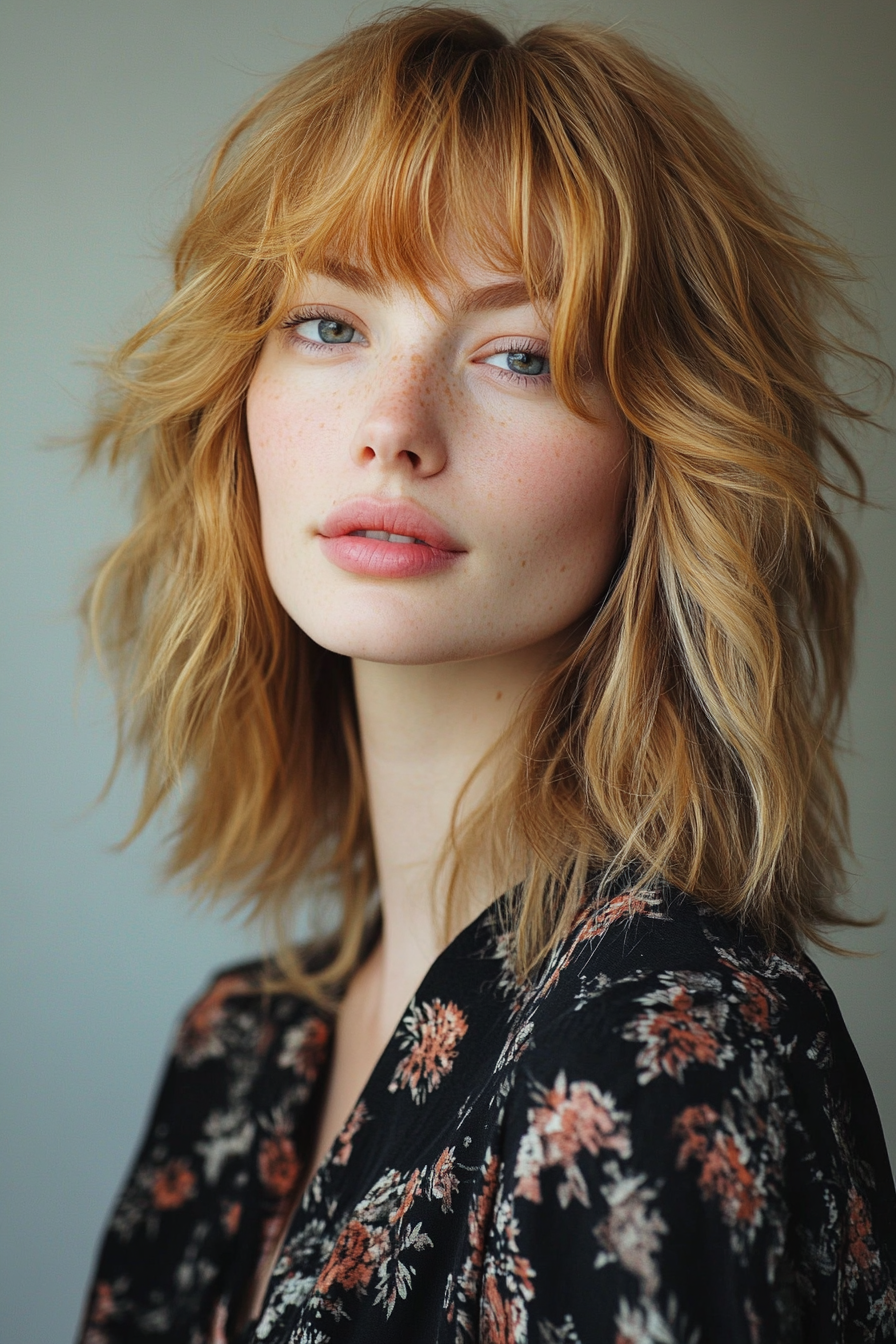 6. Soft Wolf Cut with Layered Bangs – Honey Blonde (Medium Length Haircuts With Bangs) - Medium Length Haircuts With Bangs