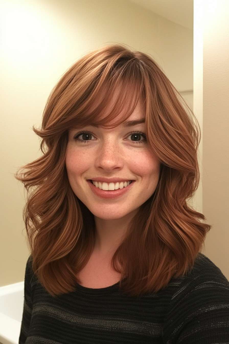 7. Tousled Shoulder-Length Hair with Wispy Curtain Bangs – Deep Auburn (Medium Length Haircuts With Bangs) - Medium Length Haircuts With Bangs